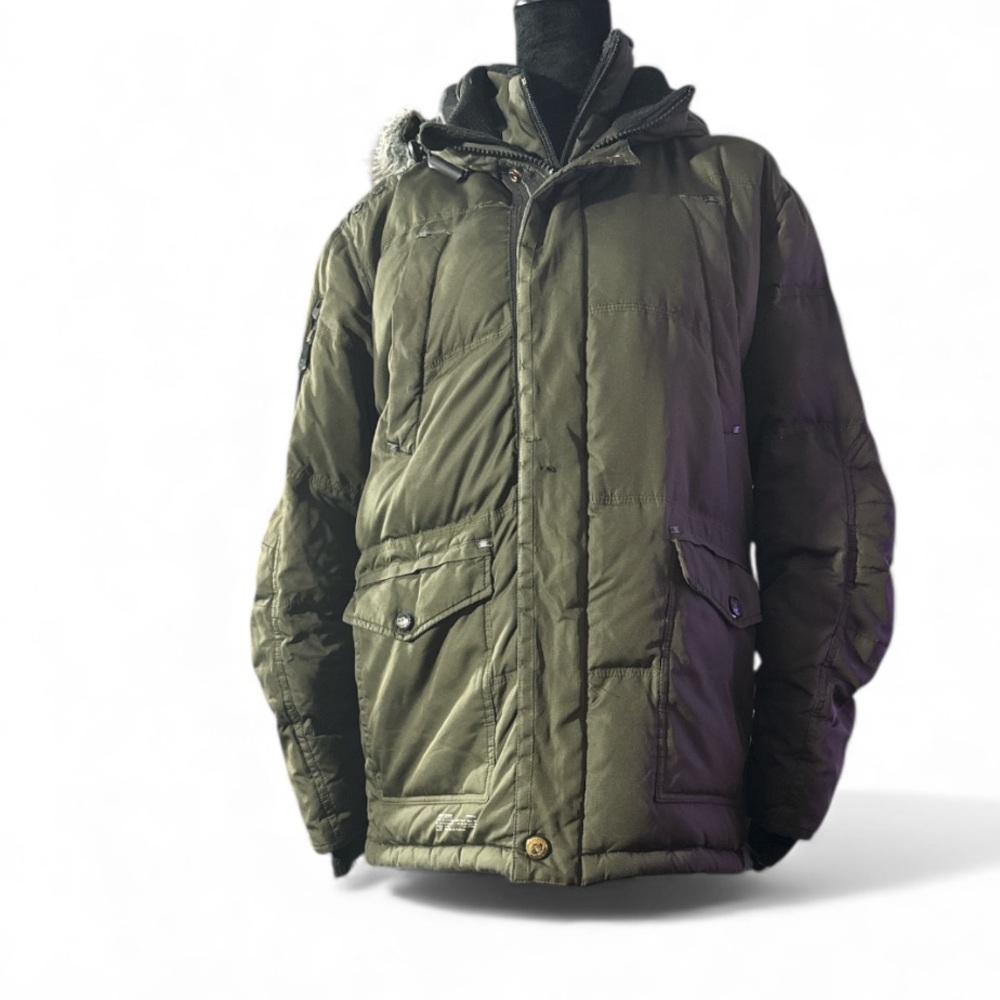 Point Zero Olive Unisex Canadian Collection Puffer with Faux Fur- Size Small